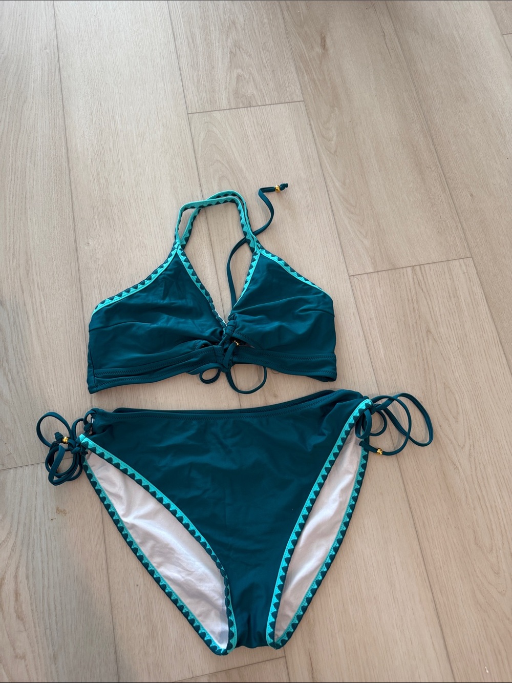 Amazon Teal Halter Triangle Bikini with Contrast Trim